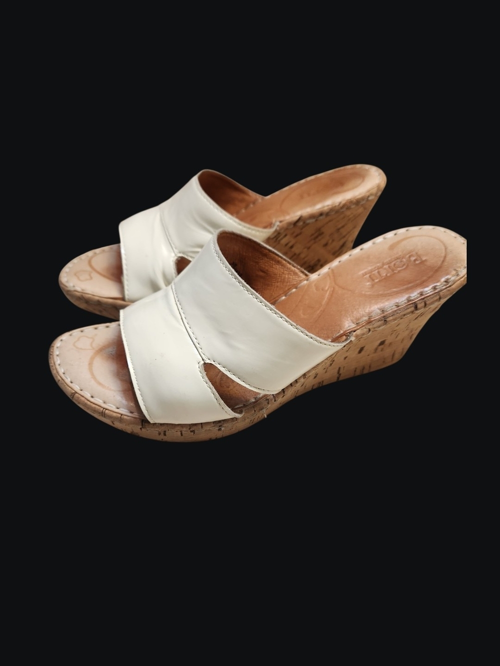 Born White Leather Cork Wedge Slide Sandals